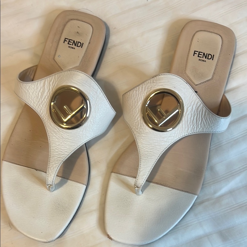Fendi White and Gold Sandals with Metallic Logo